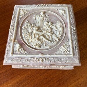 Vintage Carved Stone Incolay Victorian Jewelry Trinket Box Pink Marie Antoinette
